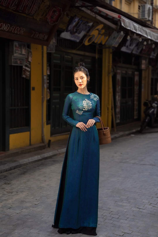 HD17 1937 Áo Only - Áo dài lụa tơ tằm hà đông thêu màu xanh cổ vịt