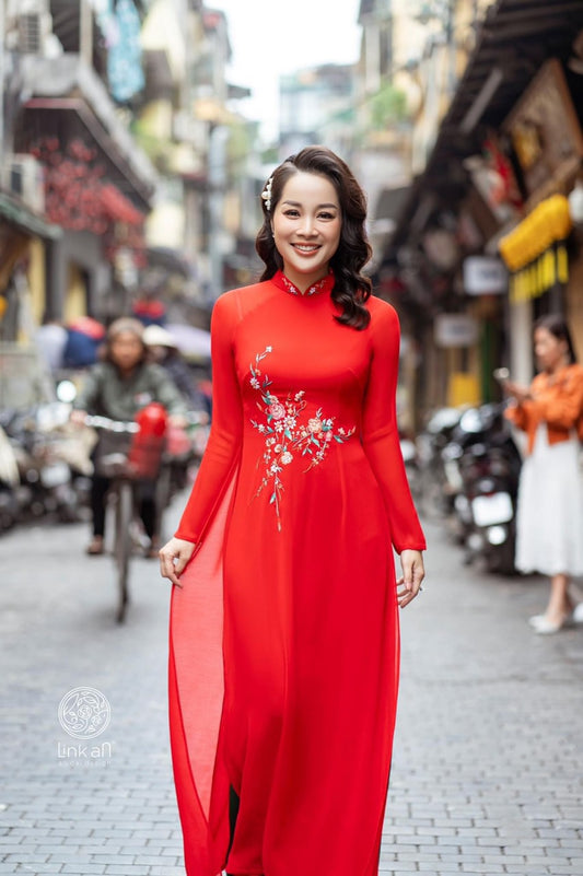 C42 4044 only áo - Áo dài chiffon 4 tà đỏ thêu hoa