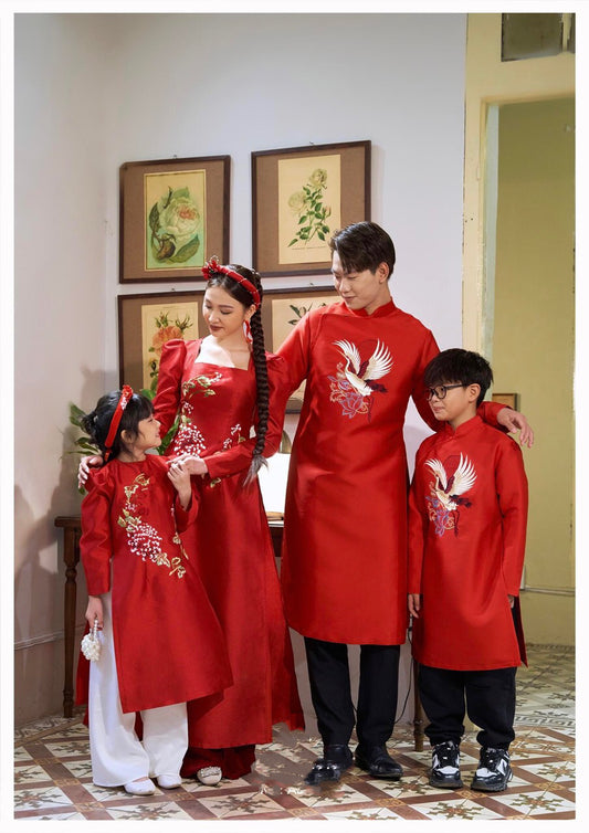 BL127 Áo + quần - Áo dài bé Gái màu đỏ tafta