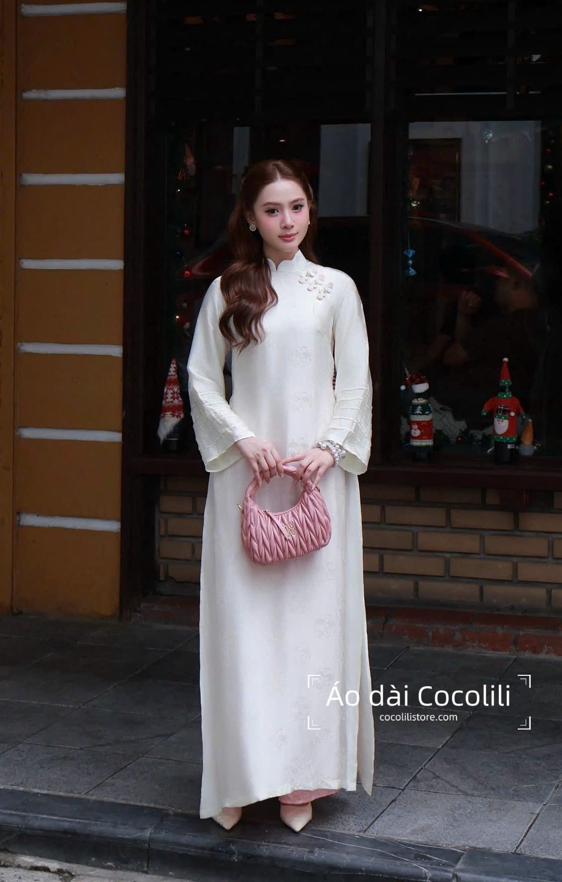 HD35 Áo trắng + quần hồng nha xá - Áo dài dáng suông 2 tà lụa tơ tằm nha xá