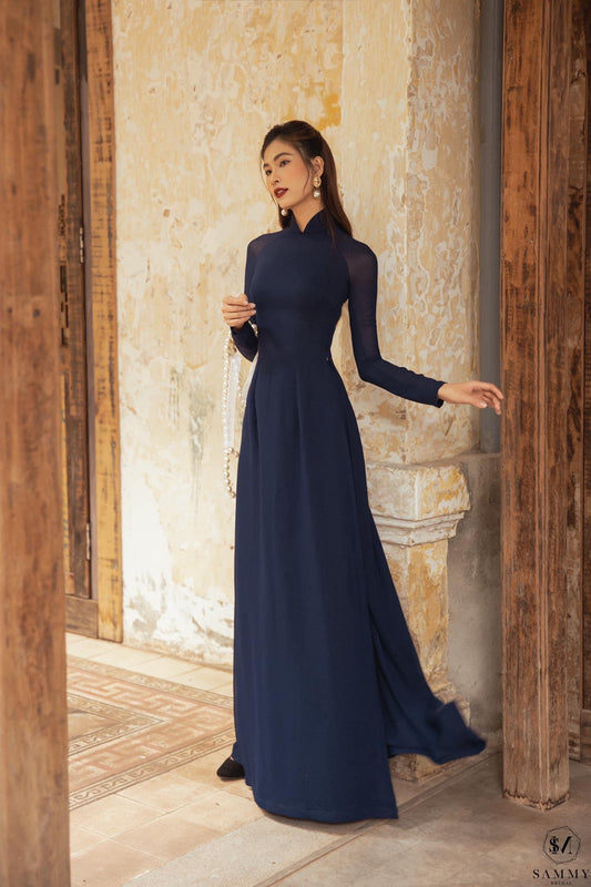 C45 3703 Áo + quần - Áo dài chiffon trơn xanh than cổ cao