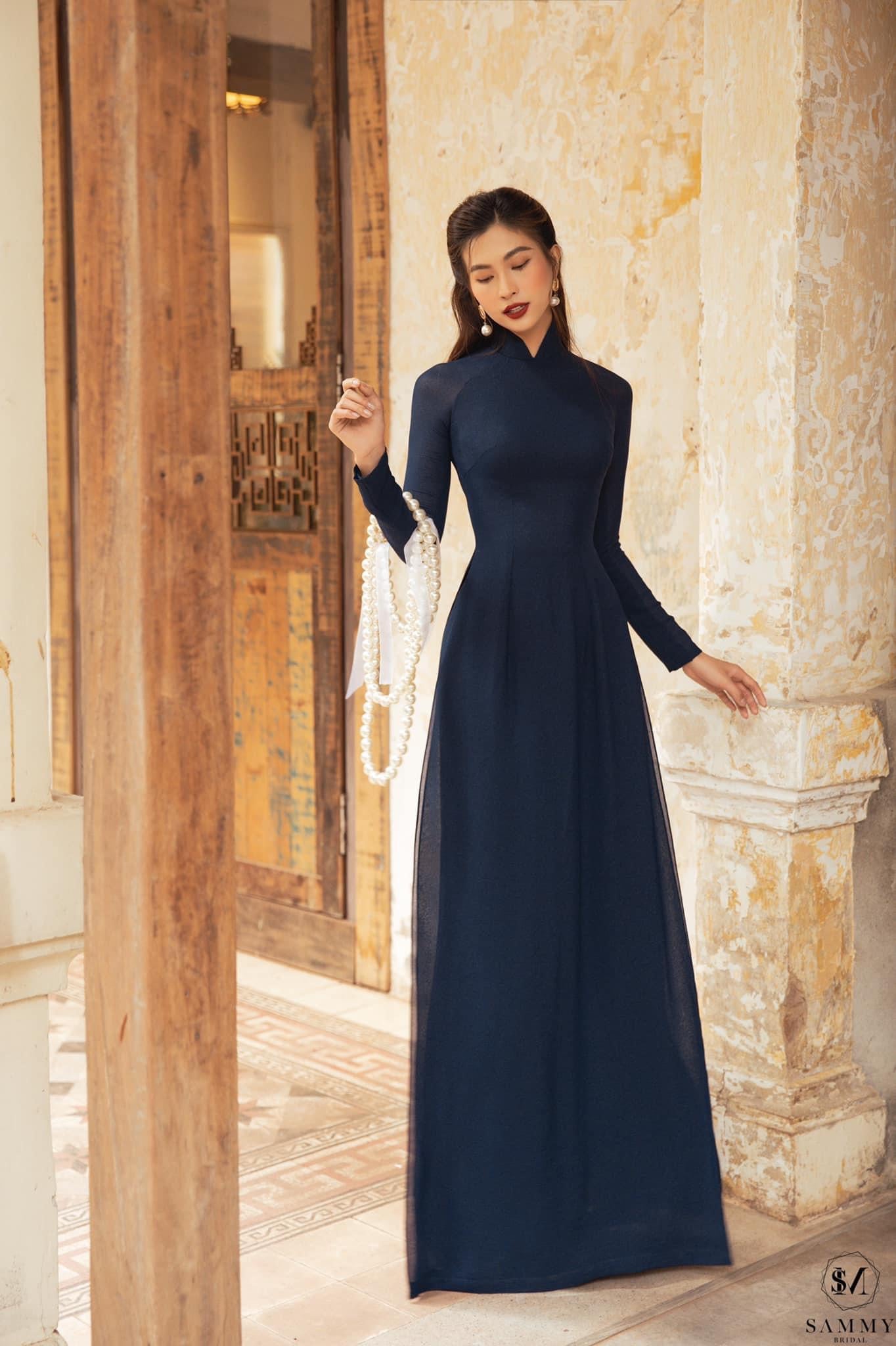 C45 4222 Áo + quần - Áo dài chiffon trơn xanh than