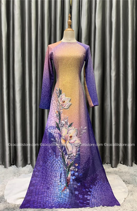 L122 3789 only áo - Áo dài lụa mỹ tím hoa tà