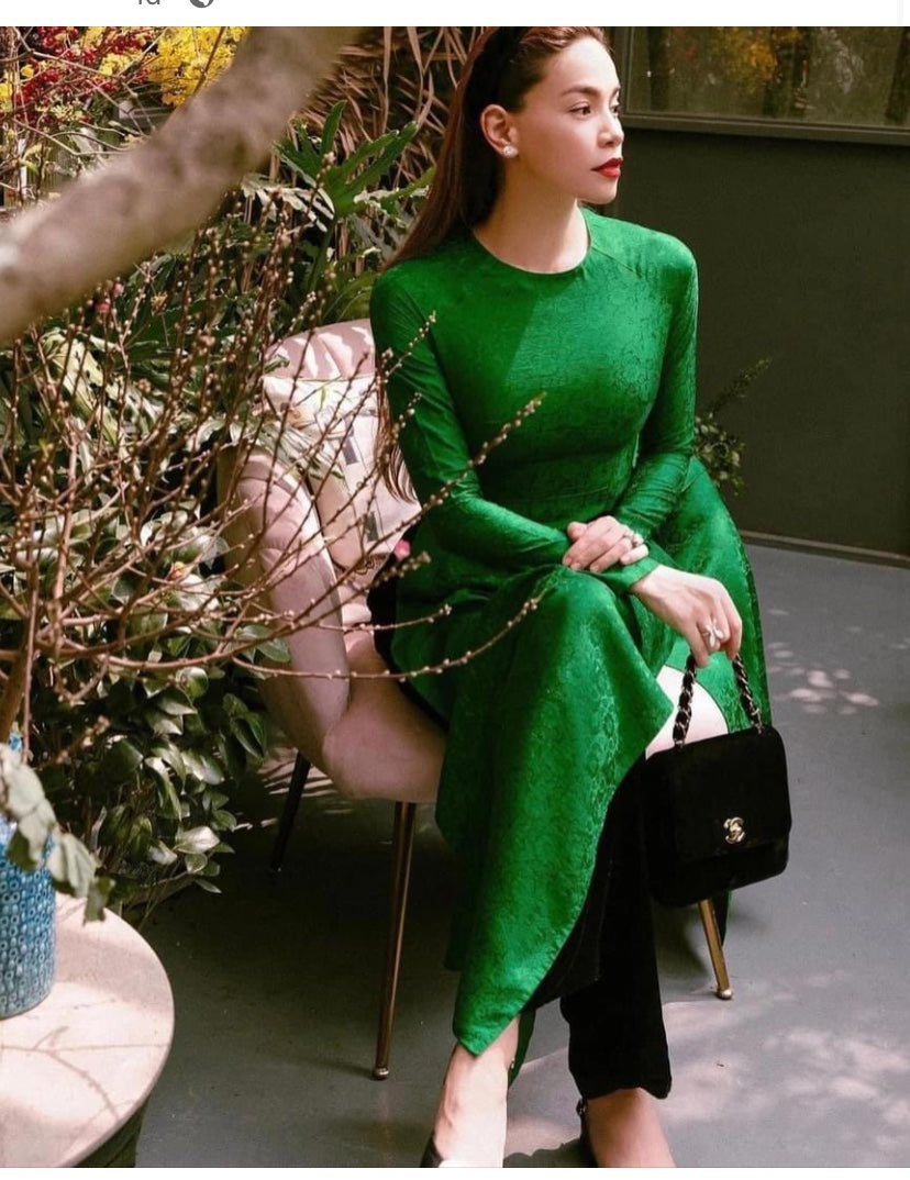 HD06 2133 Only áo- Áo dài lụa nha xá tơ tằm Hà Đông cao cấp màu xanh lá