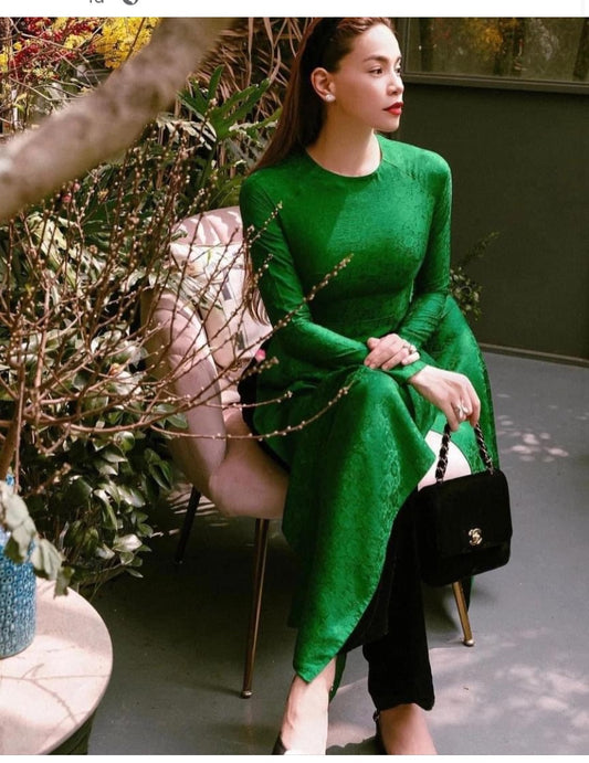 HD06 2133 Only áo- Áo dài lụa nha xá tơ tằm Hà Đông cao cấp màu xanh lá