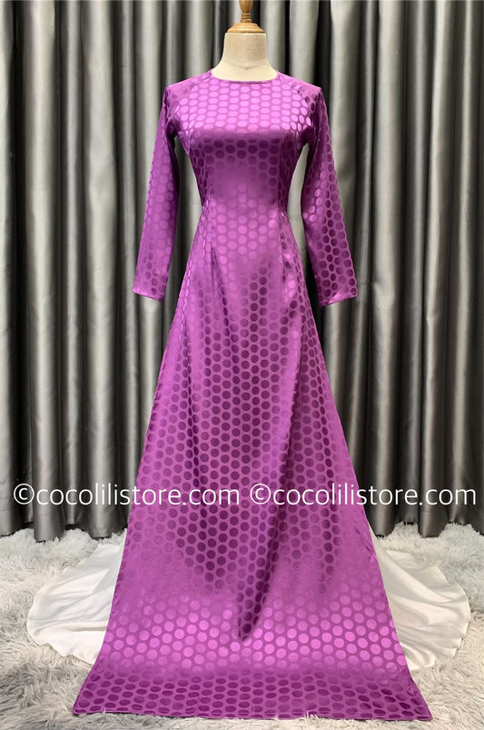 T132 3987 only áo - Áo dài lụa gấm chấm bi màu tím cẩm