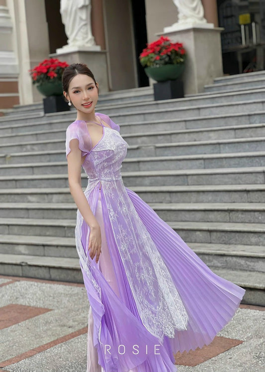 T143 4028 only áo - Áo dài ren tím cà ngắn tay cách điệu