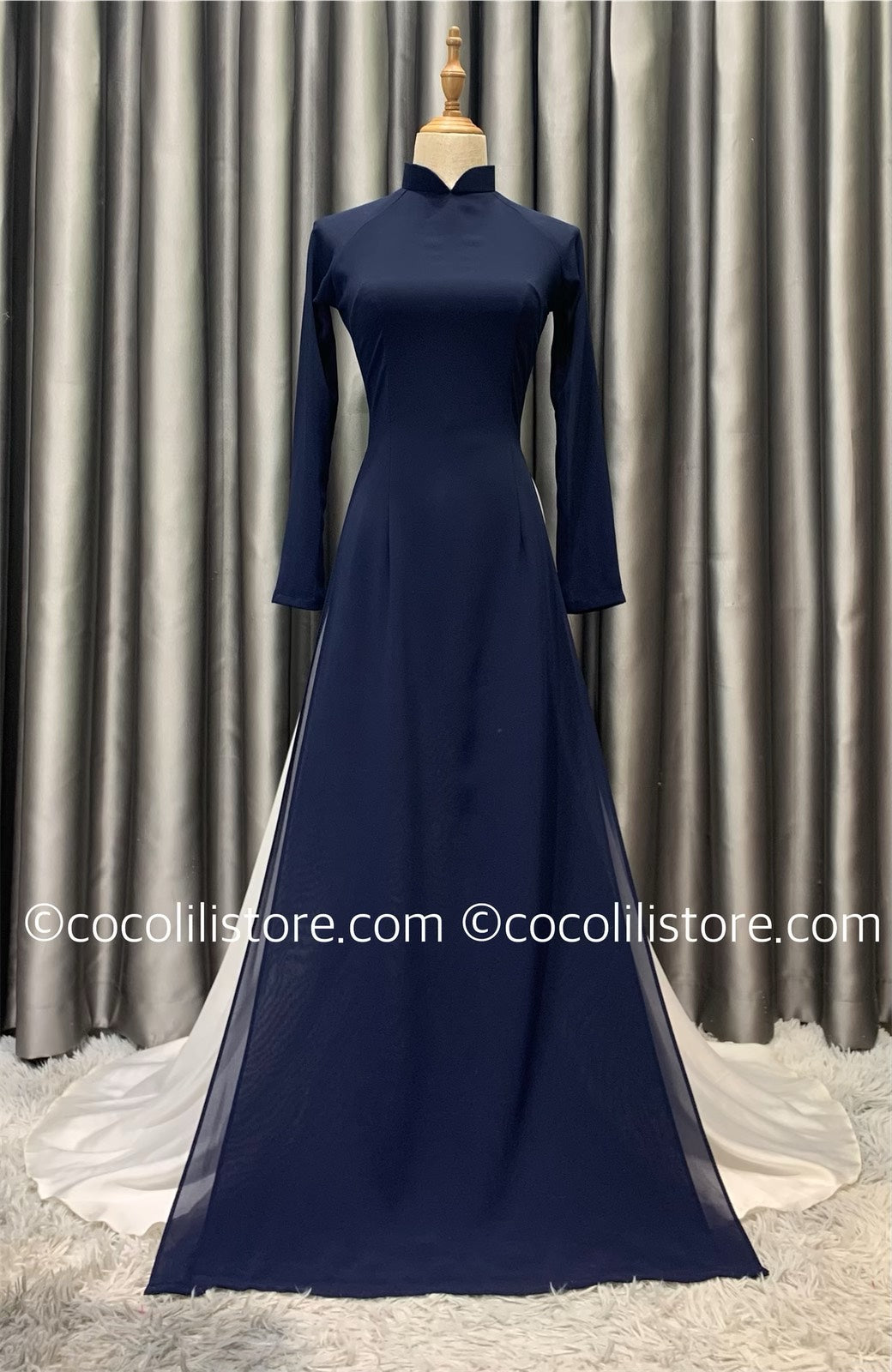 C45 4222 Áo + quần - Áo dài chiffon trơn xanh than