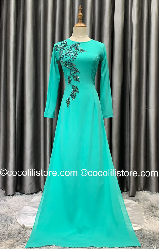 S92 4184 only áo - Áo dài chiffon xanh ngọc đính ngọc lấp lánh