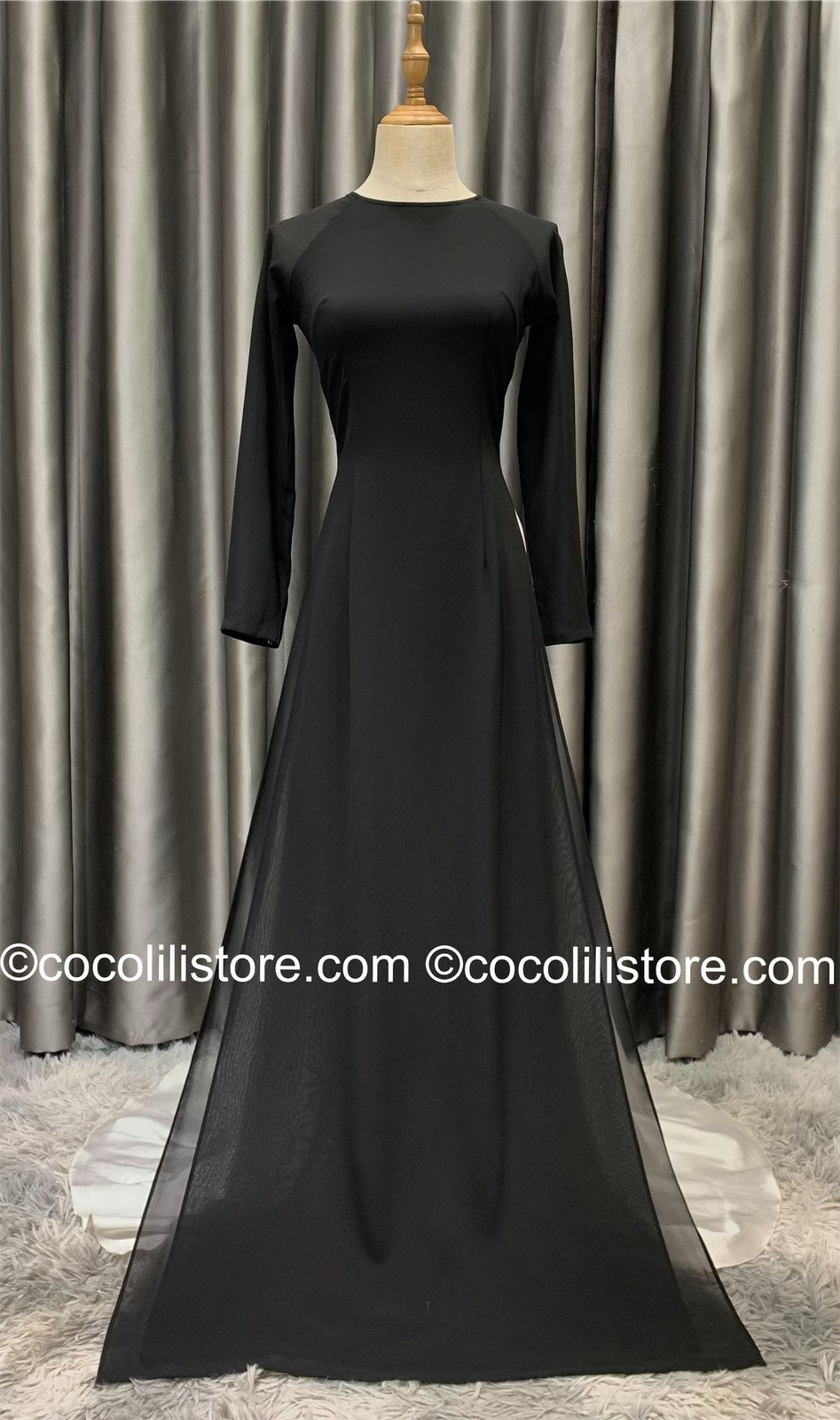 C50 Áo + quần - Áo dài chiffon đen trơn cổ tròn
