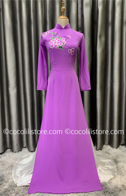C57 4227 Only áo - Áo dài chiffon 4 tà màu tím cà thêu hoa