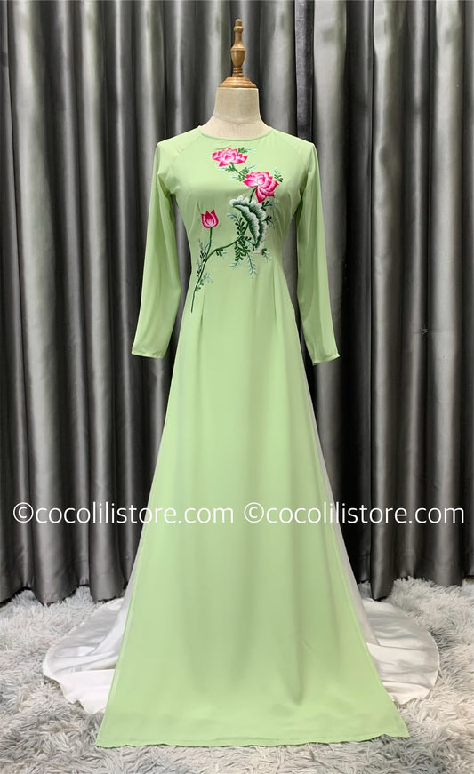 C56 5076 Áo + quần chiffon - Áo dài chiffon 4 tà thêu hoa màu xanh bơ