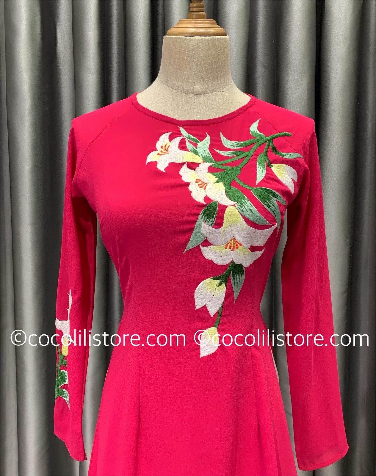 C66 Áo + quần chiffon - Áo dài chiffon 4 tà màu hồng sen thêu hoa
