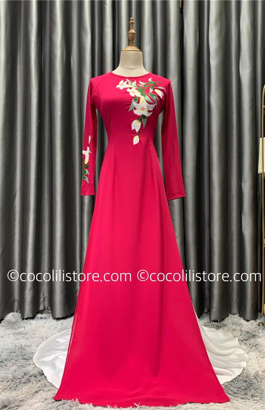 C66 áo + quần - Áo dài chiffon 4 tà màu hồng sen thêu hoa