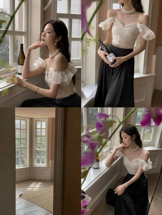 VX06 VX07 4354 - Set áo trễ vai croptop + chân váy