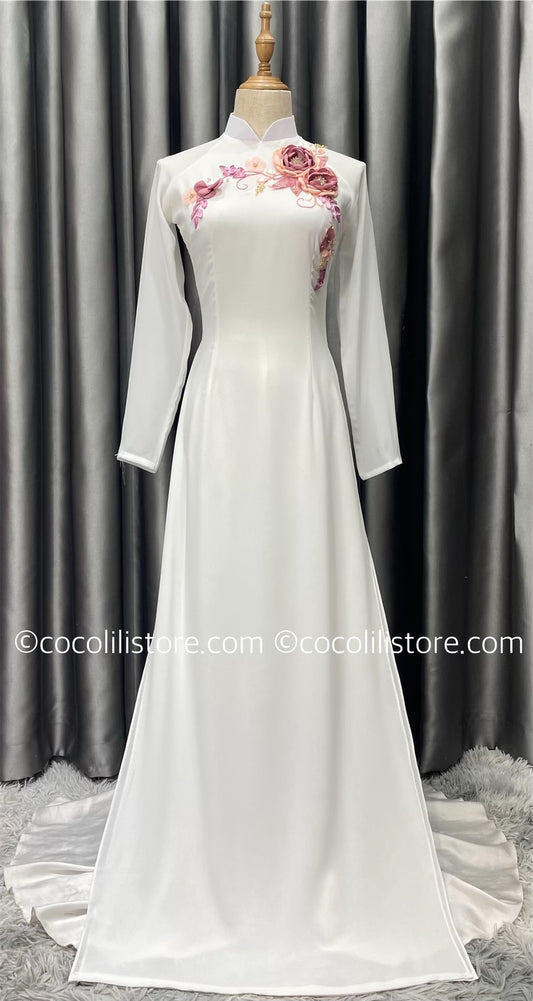 C73 only áo - Áo dài chiffon 4 tà trắng đính hoa nổi