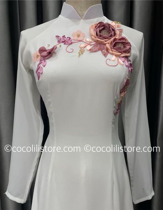 C73 only áo - Áo dài chiffon 4 tà trắng đính hoa nổi