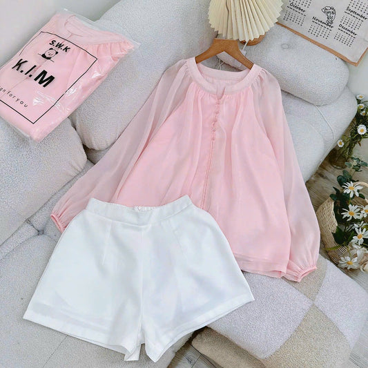 Set01 - Set áo baby doll hồng + quần đùi trắng