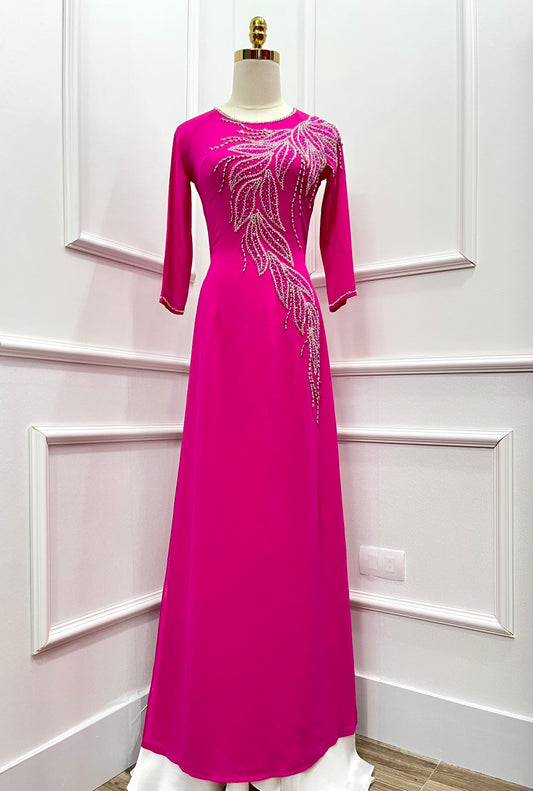S140 4553 only áo - Áo dài thiết kế chiffon 4 tà màu hồng sen đính kết
