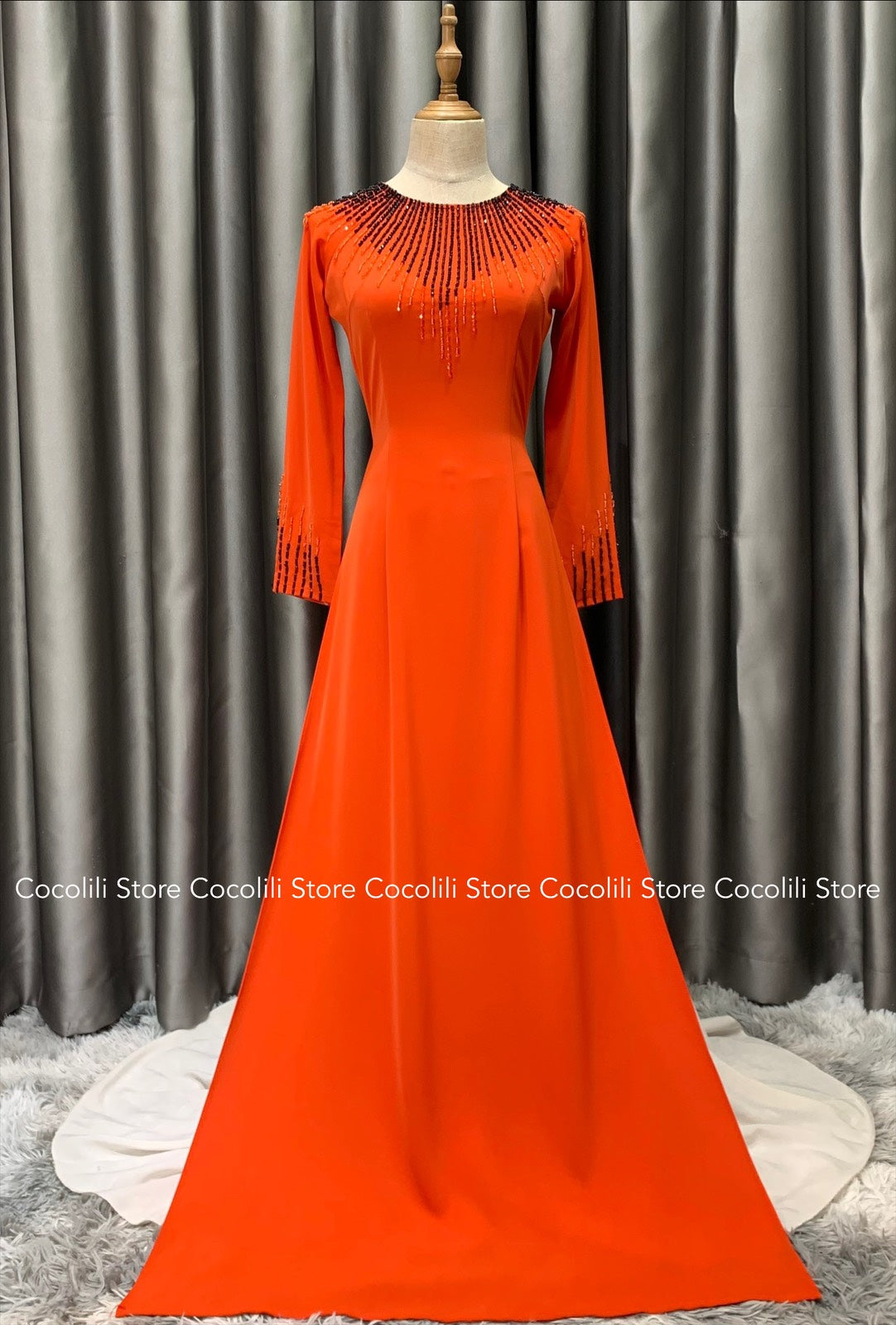 S166 Áo Only - Áo dài lụa chiffon màu cam tươi đính kết ngọc