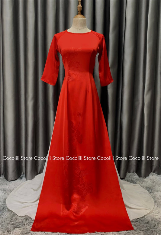 T225 only áo - Áo dài lụa mã não 4D màu đỏ tươi