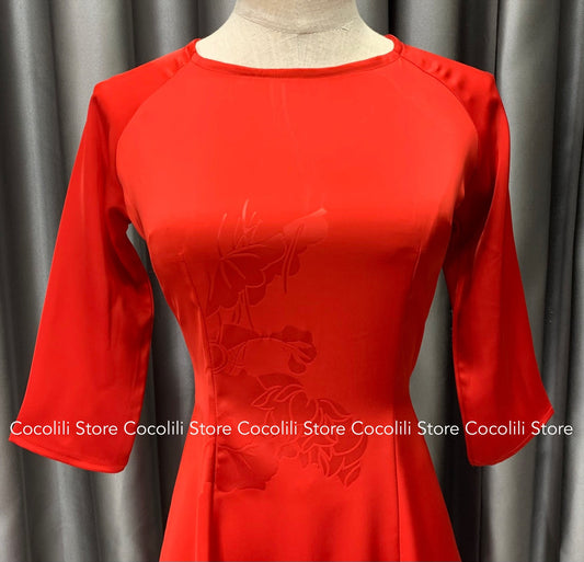 T225 only áo - Áo dài lụa mã não 4D màu đỏ tươi