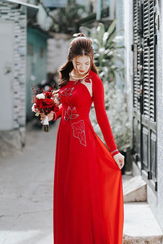 S160 4662 only áo - Áo dài lụa mỹ màu đỏ hoa sen