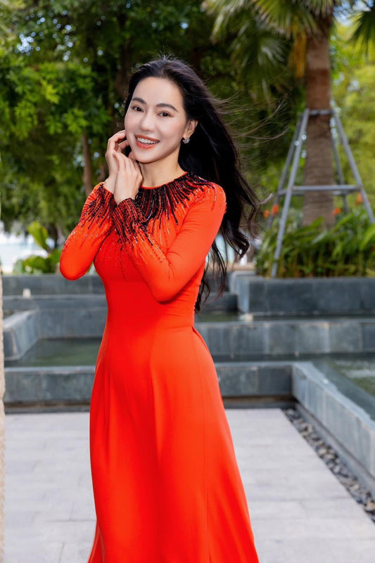 S166 Áo Only - Áo dài lụa chiffon màu cam tươi đính kết ngọc