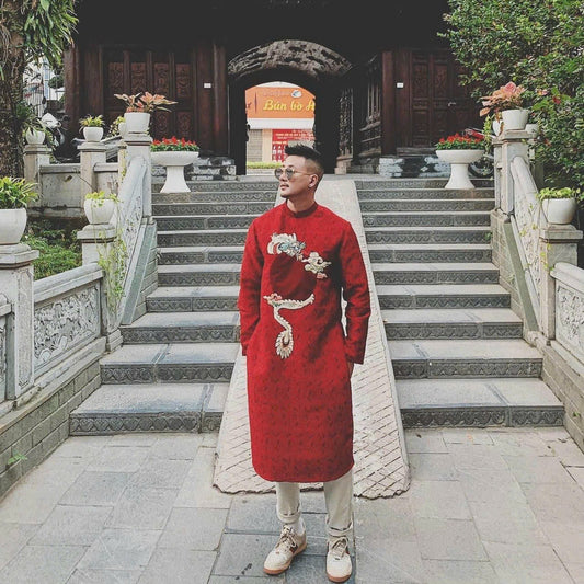 B46 5001 - Áo dài men gấm Vân Long đỏ