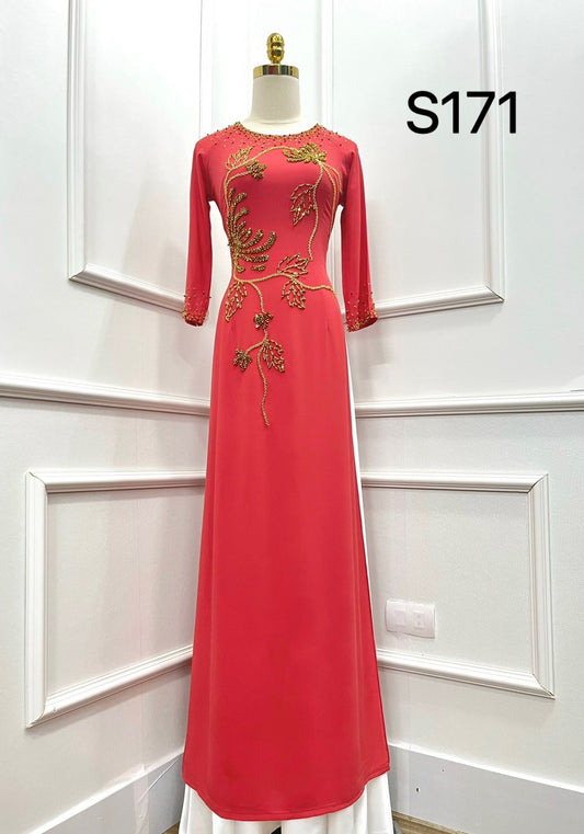 S171 - Áo dài chiffon Đỏ gạch đính ngọc