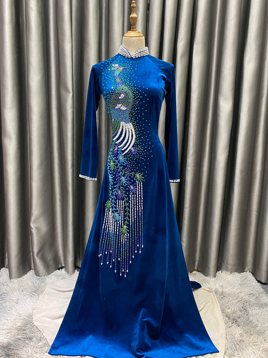S173 - Áo dài Nhung cổ vịt kết công