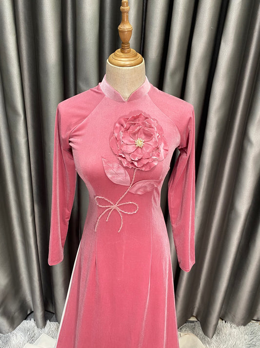 N09 - Áo dài Nhung Hồng phấn đính hoa (Áo Only)