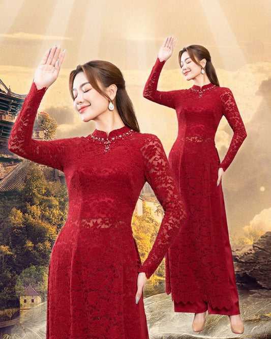 T624 1656 Only Áo - Áo ren nhung Đỏ đô cổ đính ngọc