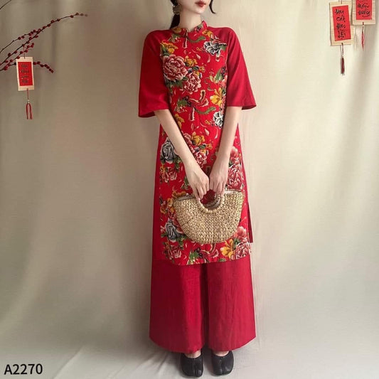 CT10 2212 - Áo cách tân + quần Lụa nhật in 3D hoa đỏ