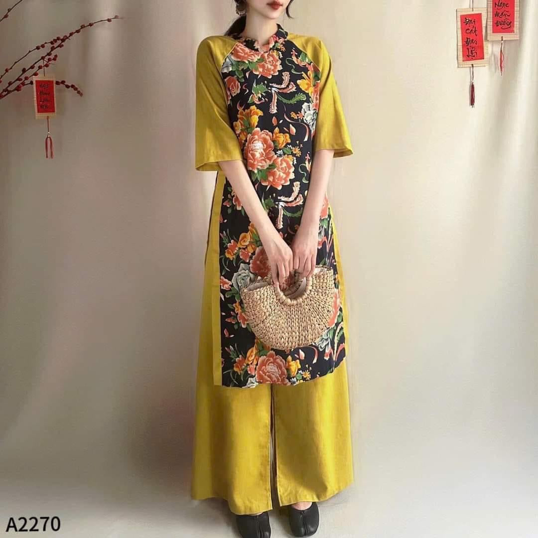 CT12 2213 - Áo cách tân + quần Lụa nhật in 3D hoa vàng