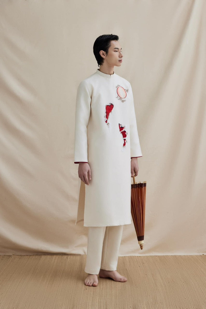 B63 2244 - Áo dài nam gấm vân nổi màu kem thêu cá chép