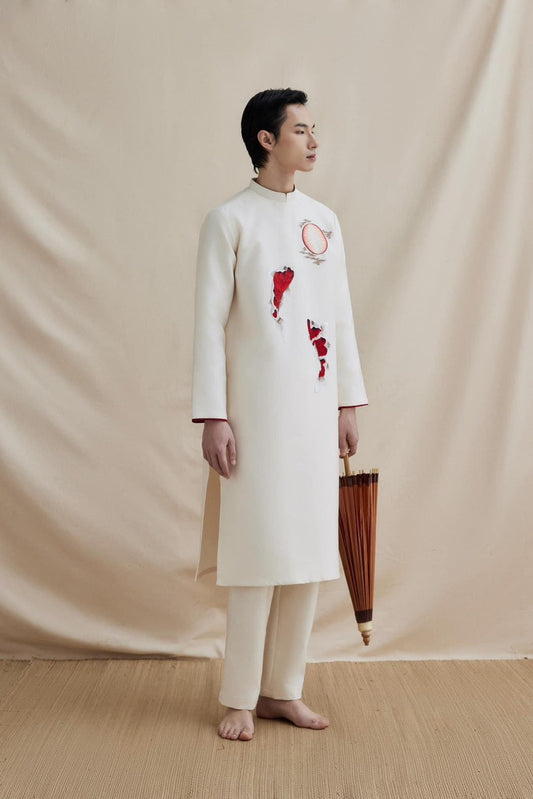 B63 2244 - Áo dài nam gấm vân nổi màu kem thêu cá chép