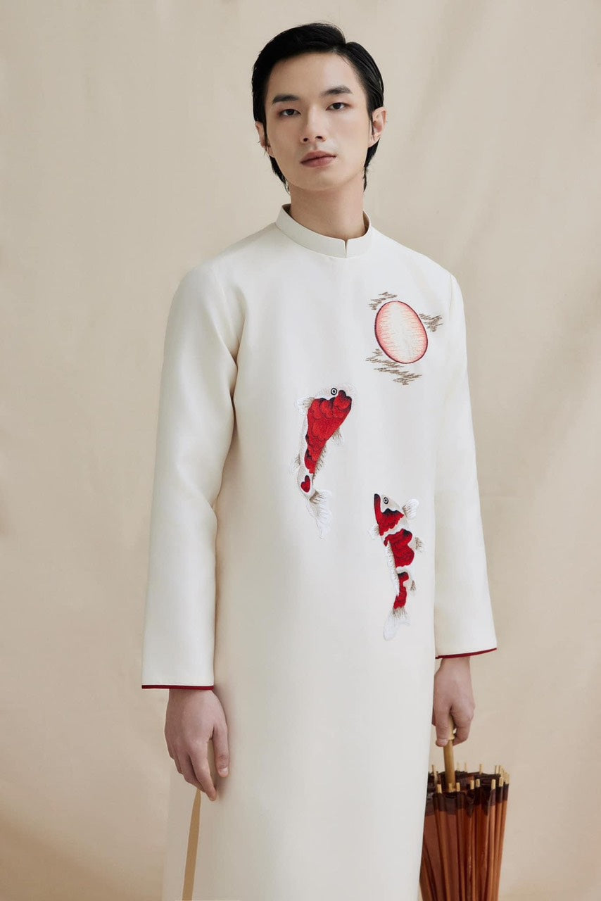 B63 2244 - Áo dài nam gấm vân nổi màu kem thêu cá chép