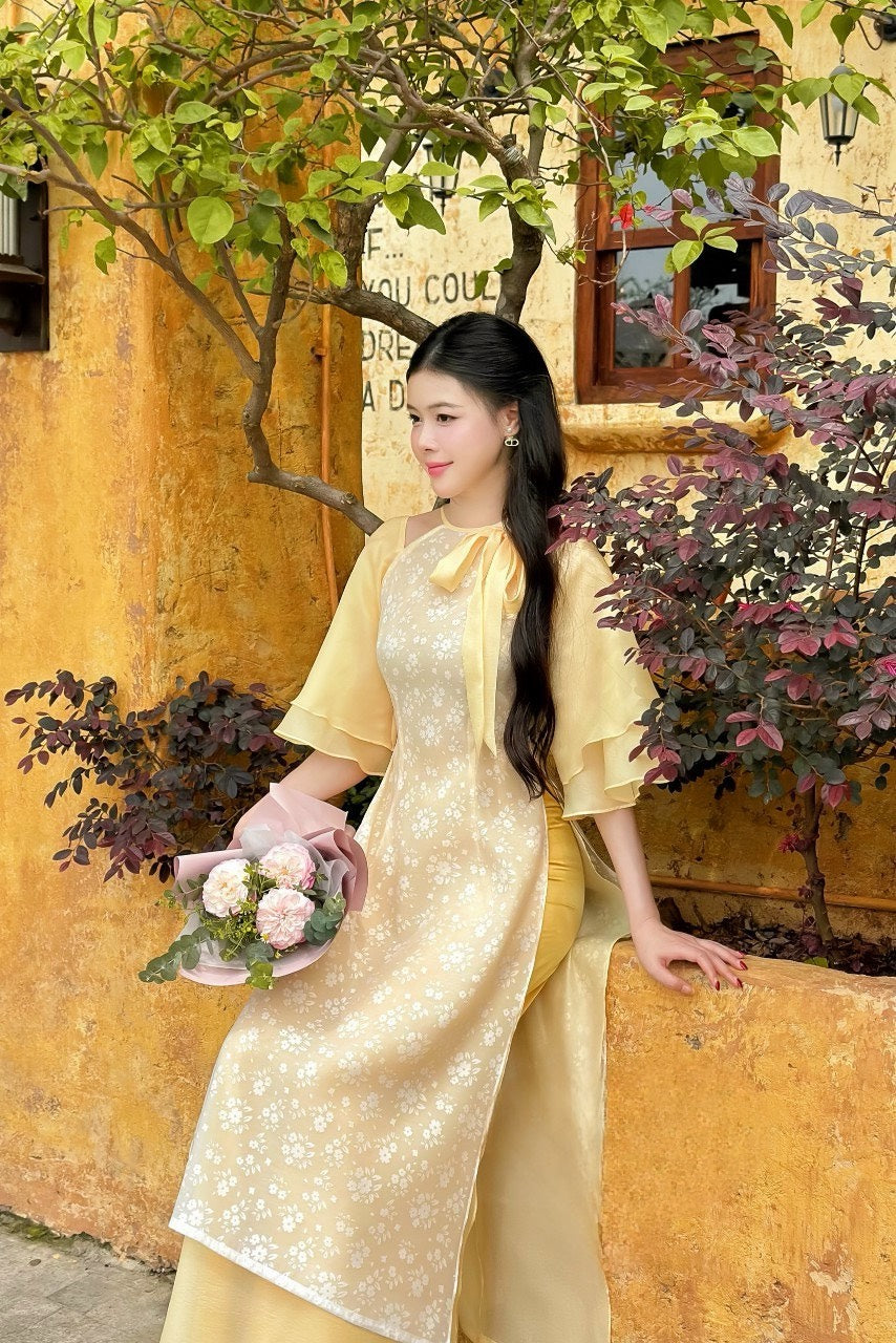 M167 - Áo + quần vàng - Áo dài tơ 4 tà hoa nhí cổ nơ Tú Linh Vàng