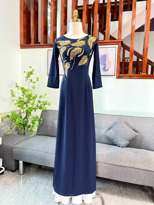 S191 Only Áo - Áo dài Chiffon thiết kế xanh than kết pha lê