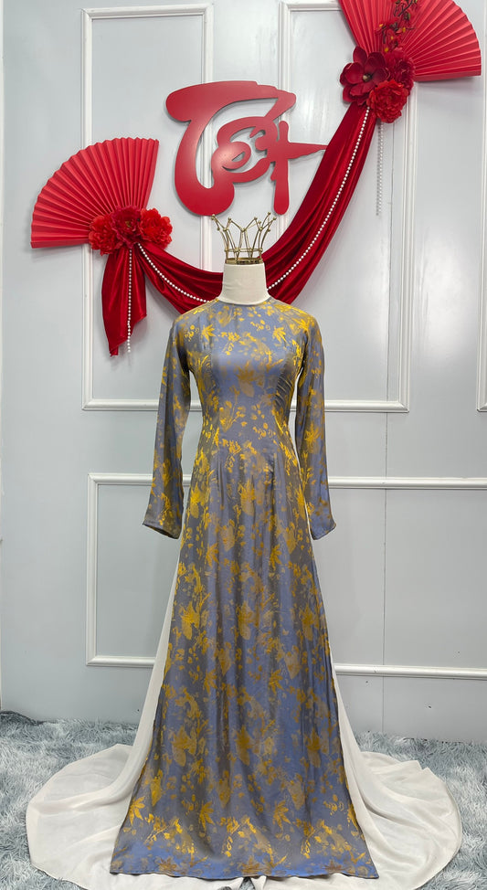 T357 Only áo- Áo dài tơ tằm vàng ánh xanh