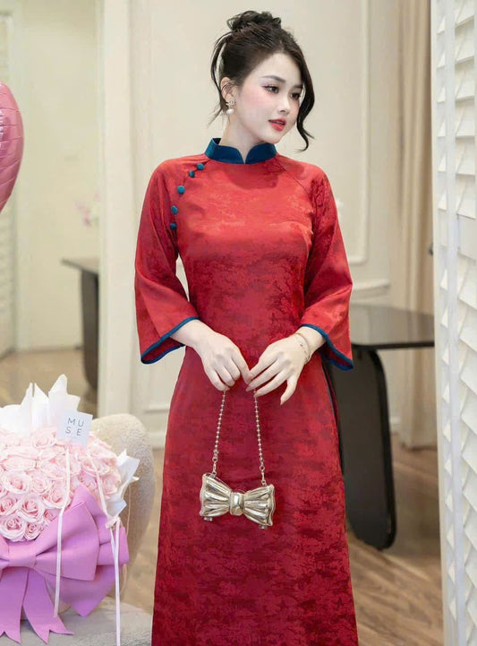 CT74 Áo + quần - Áo dài cách tân dáng suông gấm đỏ đô phối cổ đính cúc