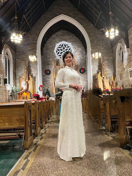 N71 áo + quần nhung cùng chất - Áo dài nhung nhám trắng