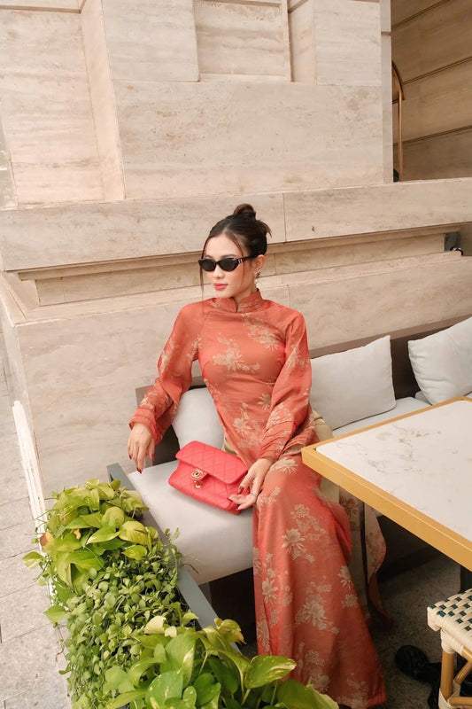 M426 Áo + quần cùng chất - Áo dài tằm ánh dáng suông màu cam đất kèm quần xanh