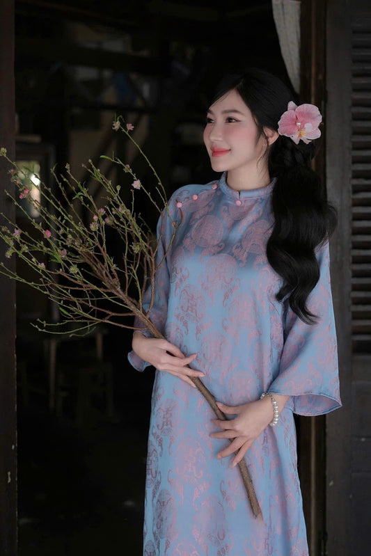 M216 áo + quần thọ dơi hồng - Áo dài lụa thọ dơi dáng suông màu tím cà