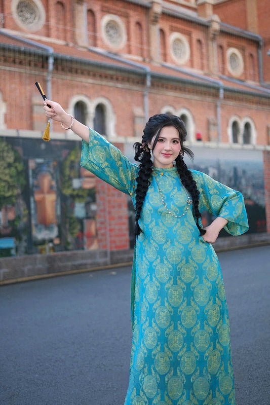 M214 áo + quần thọ dơi vàng - Áo dài lụa thọ dơi dáng suông màu xanh dương