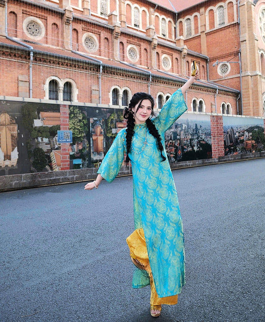 M214 áo + quần thọ dơi vàng - Áo dài lụa thọ dơi dáng suông màu xanh dương