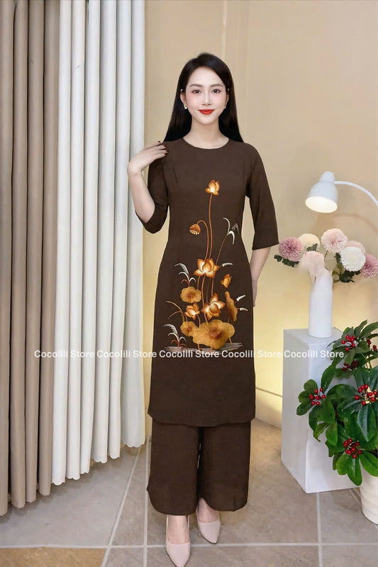 PP2563 4432 áo + quần - Áo dài cách tân dáng truyền thống nâu đậm thêu sen