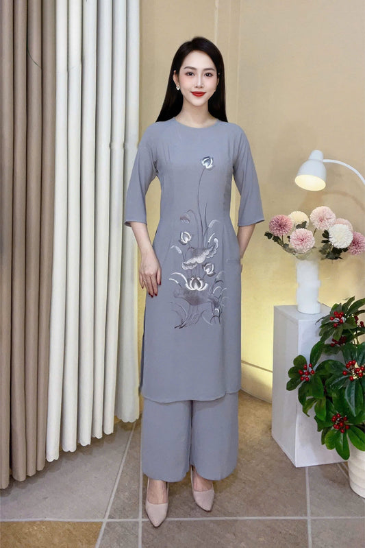 PP2561 áo + quần - Áo dài cách tân dáng truyền thống màu ghi thêu sen