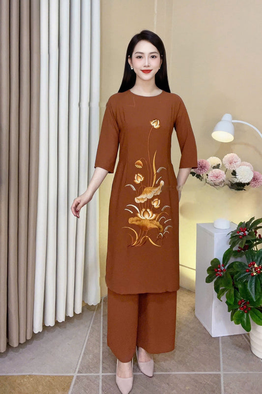 PP2562 áo + quần - Áo dài cách tân dáng truyền thống nâu thêu sen